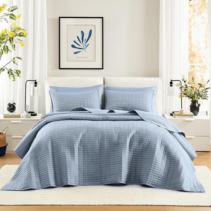 Comfort Spaces Blue Oversized Queen Quilt Set 102"x118" Bedspread Quilted by ComfortSpaces