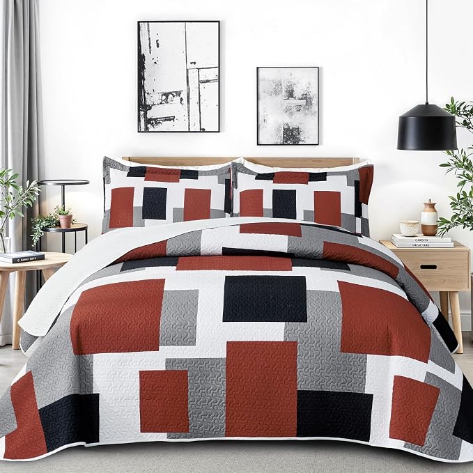Tyrot 3 Piece Burnt Orange Grey Quilt Set California King Size Black White by TyrotHomeDecor
