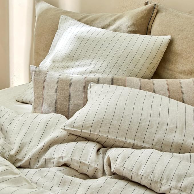 mixinni 3 Piece Striped Duvet Cover Set, Neutral Washed Cotton Linen Blend - Image 5