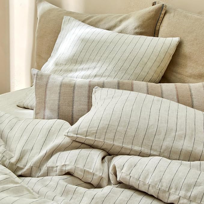 mixinni 3 Piece Striped Duvet Cover Set, Neutral Washed Cotton Linen Blend - Image 5