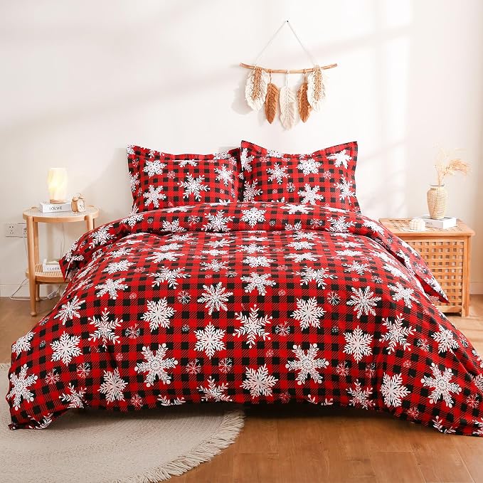JSD Red Buffalo Plaid Snowflakes Duvet Cover Set Queen Size, 3 Piece Christmas - Image 7