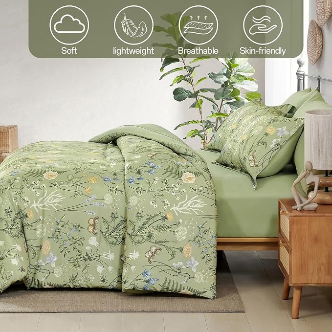 Yiran Sage Green Floral Comforter Set Queen Size, 7 Piece Botanical Comforter - Image 6