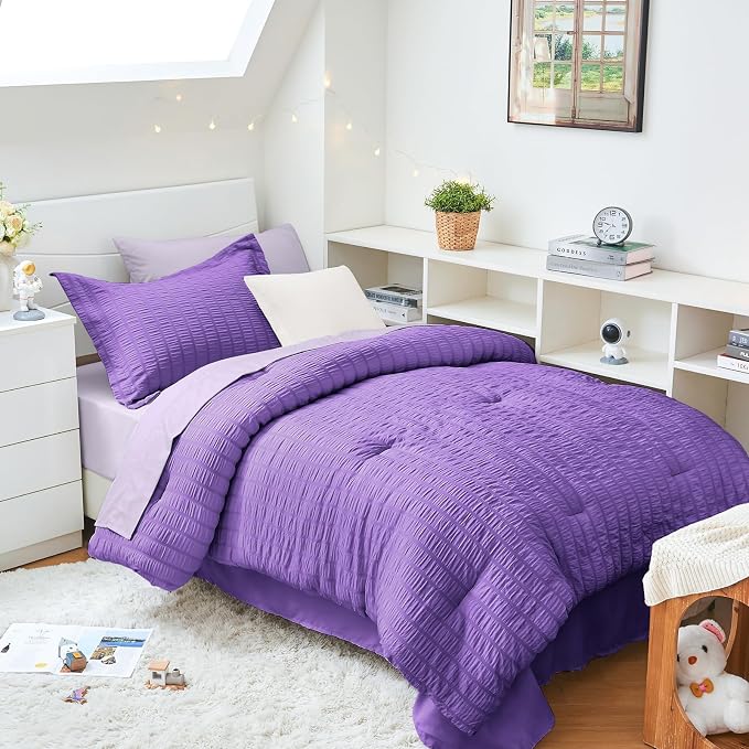 HYMOKEGE Dark Purple/Lavender Twin XL Comforter Set Seersucker 5 Pieces by HYMOKEGE