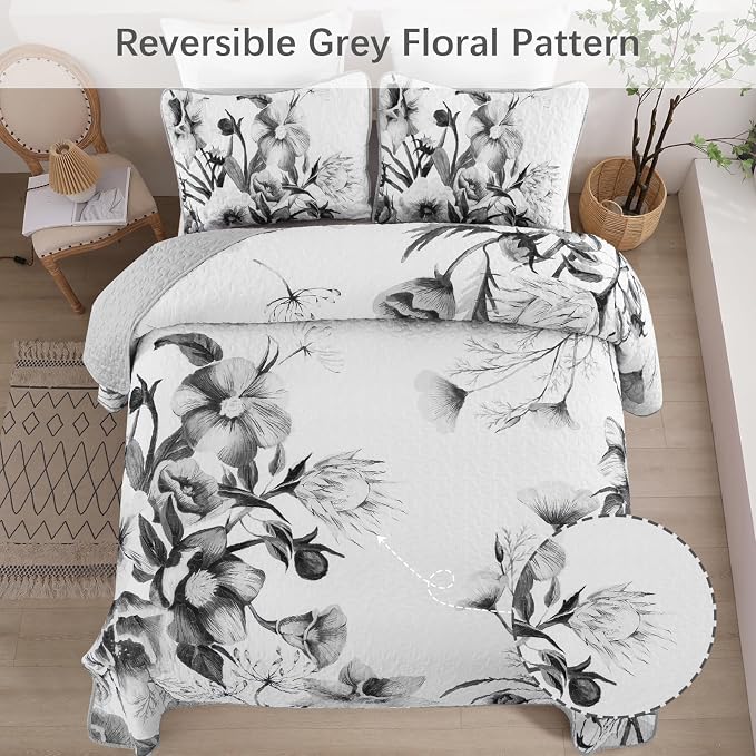Floral Quilt Set King 3 Pieces Grey Floral Quilt Coverlet Set Soft Microfiber - Image 3