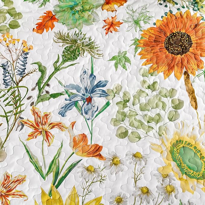 Yiran Floral King Quilt Bedding Set, Sage Green Sunflower Colorful Bedspreads - Image 5