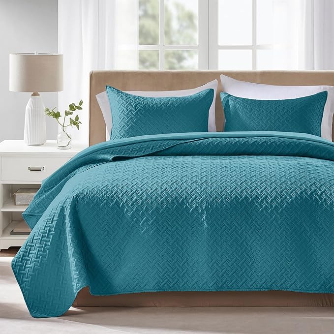 FLYMME Quilts Queen Size, Lightweight Teal Bedspreads, Basket Weave Pattern by FLYMME