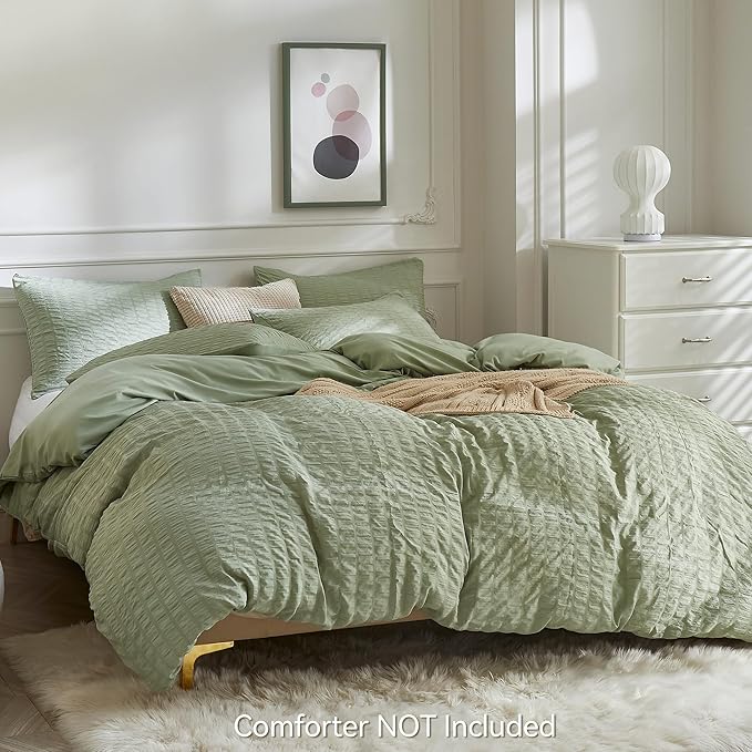 JELLYMONI Light Green Duvet Cover Queen Size, Soft Breathable Seersucker Duvet - Image 3
