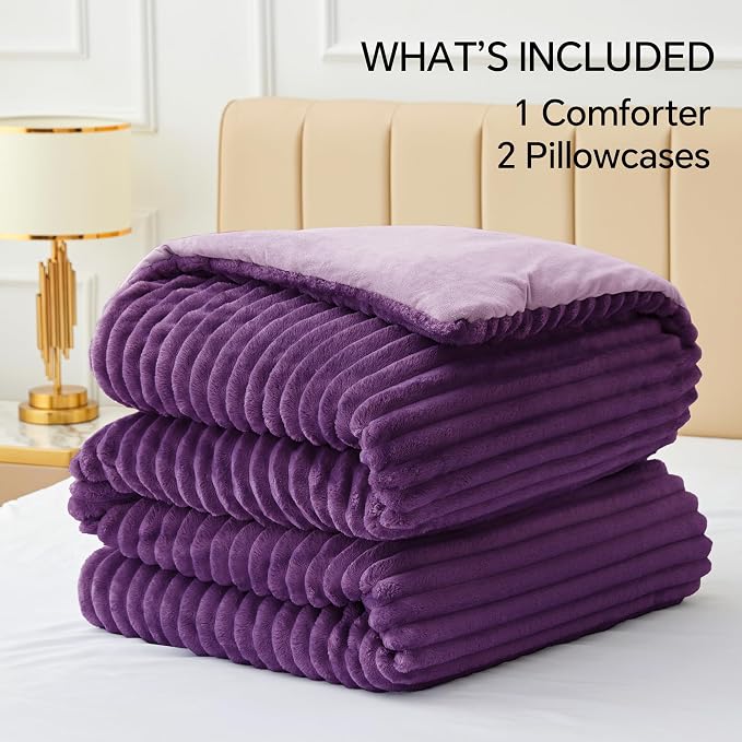 BEDELITE Fleece Full Comforter Set -Super Soft & Warm Fluffy Purple Bedding - Image 6