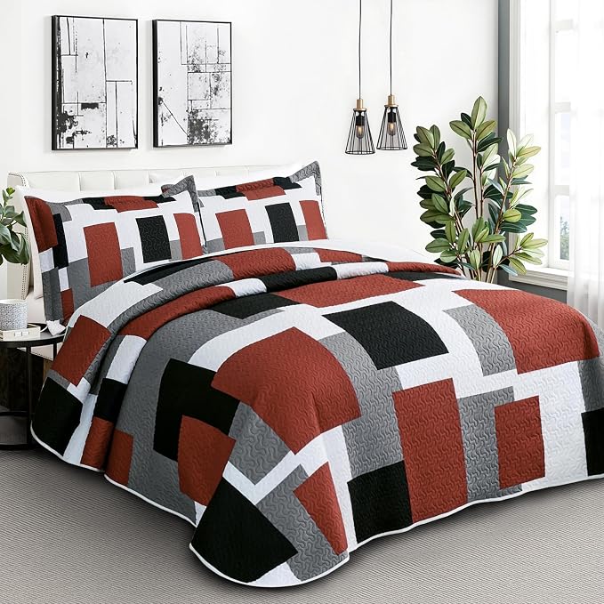 Tyrot 3 Piece Burnt Orange Grey Quilt Set King Size Black White Gray Geometric - Image 2