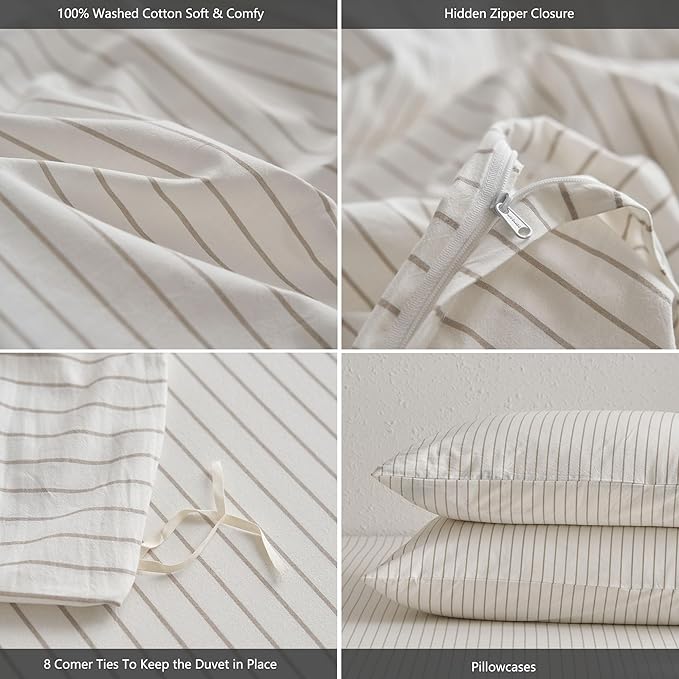 MooMee Striped Duvet Cover Set 100% Washed Cotton Linen Like Textured - Image 3
