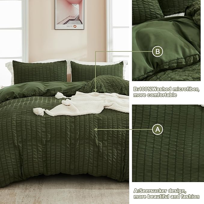 AveLom Dark Olive Green Seersucker Duvet Cover Set Queen, 3 Pieces, Ultra Soft - Image 5