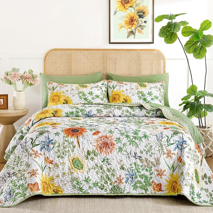 Yiran Floral King Quilt Bedding Set, Sage Green Sunflower Colorful Bedspreads by Yiran