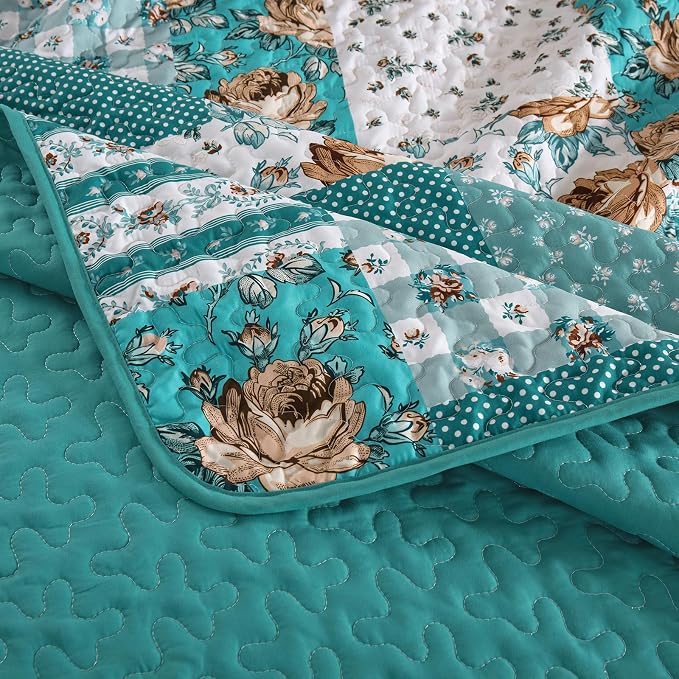 Anibedding Teal Quilt Set King Size Patchwork Floral Bedspread Coverlet - Image 8