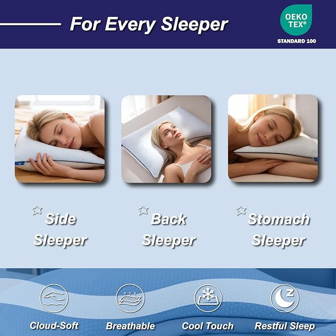 Cooling Pillow Queen Size, Shredded Memory Foam Adjustable Loft, Slow Rebound - Image 3