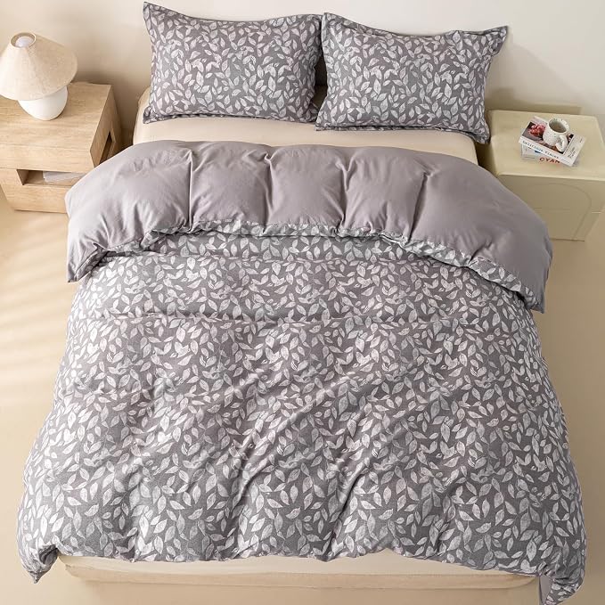 OAITE Grey Fallen Leaves King Size Duvet Cover-3 Pieces Prewashed Cotton-Like - Image 6