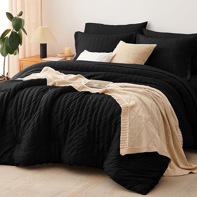 CozyLux Queen Comforter Set Black Seersucker 7 Pieces Bed in a Bag Queen by CozyLux