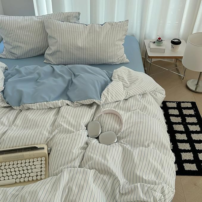 Nayoroom Blue Striped Duvet Cover Queen Size 100% Washed Cotton Duvet Cover by Nayoroom