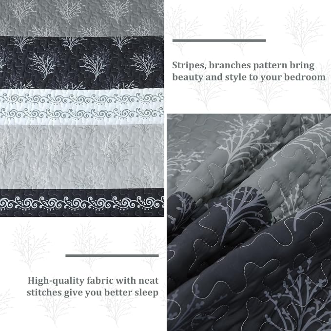 DJY Gray Quilt Set Queen Size Boho Striped Patchwork Bedspread Coverlet - Image 5