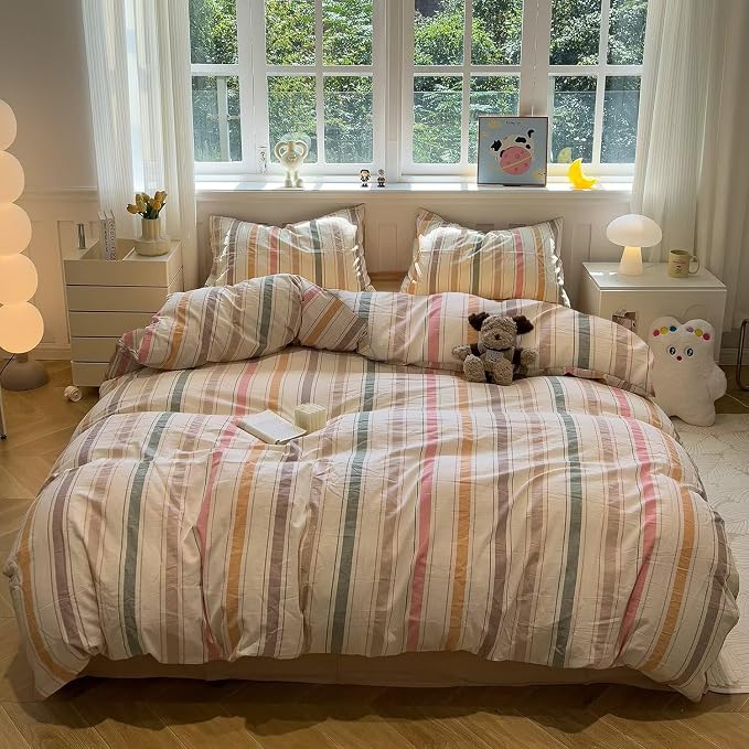 MKXI Washed Cotton Duvet Cover Set Retro Stripes in Autumn Palette 3-Piece - Image 2