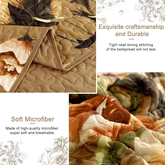 Drucon Brown Floral Quilt Set Queen Size 3 Pieces Brown Botanical Flower Quilt - Image 6