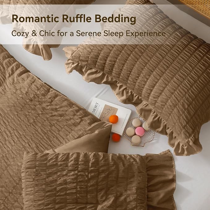 JOLLYVOGUE Queen Comforter Set, 3 Pieces Oak Brown Seersucker Comforters Queen - Image 4