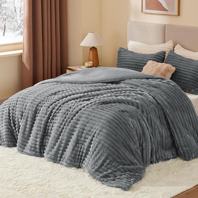 BEDELITE Fleece Twin Comforter Set -Super Soft & Warm Fluffy Grey Bedding - Image 2