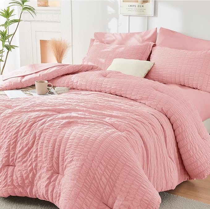 HYMOKEGE Rose Pink Twin Comforter Set Seersucker 5 Pieces, All Season Luxury by HYMOKEGE
