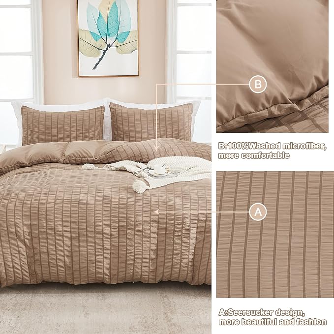 AveLom Taupe Duvet Cover Cal King, 3 Pieces, Seersucker Striped Soft Washed - Image 5