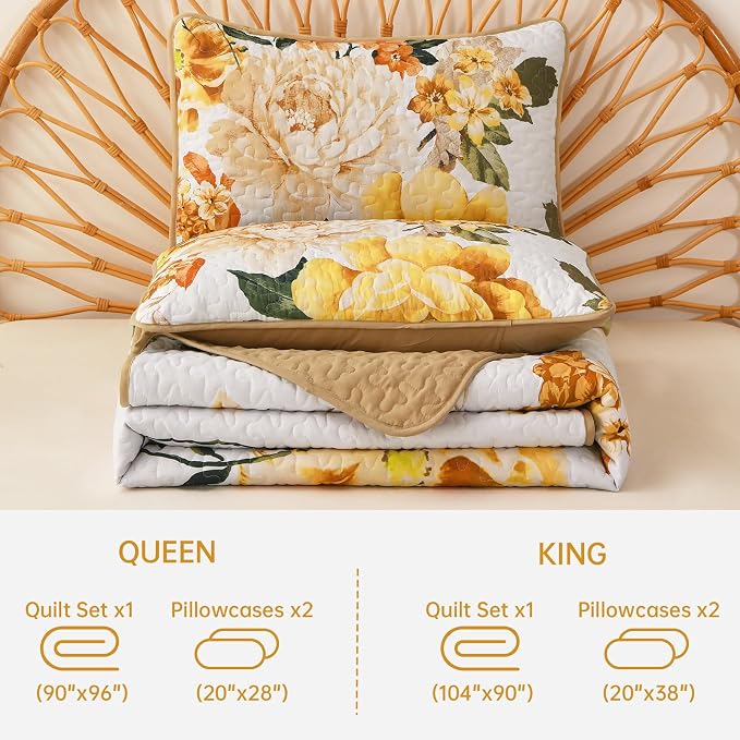 WONGS BEDDING Yellow Floral Quilt Set King, 3 Pieces Reversible Lightweight - Image 7