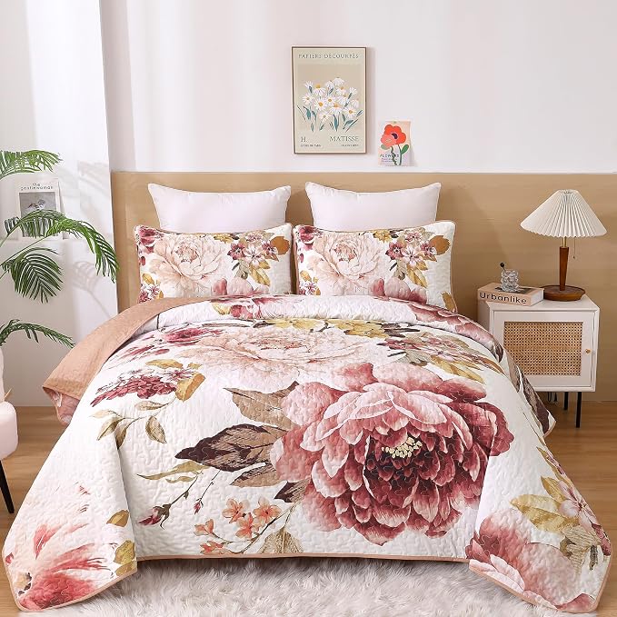 WONGS BEDDING Floral Quilt Set King, 3 Pieces Elegant Blush Flower Bedspread by WONGSBEDDING