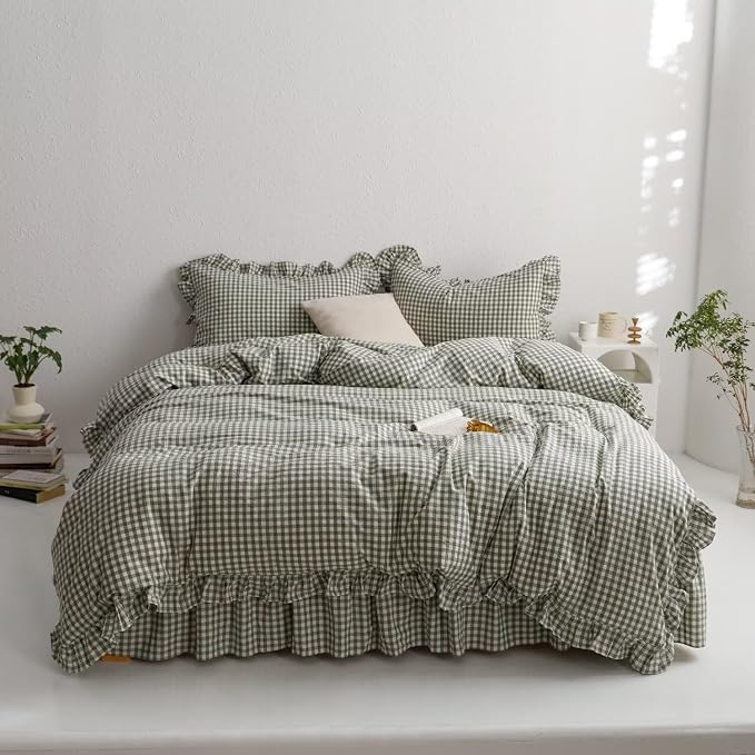 MKXI Sage Green Gingham Duvet Cover King, 3-Piece Ruffled Bedding Set - Image 4
