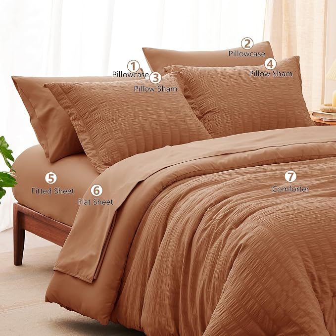 CozyLux King Size Comforter Set Pumpkin Seersucker 7 Pieces Bed in a Bag King - Image 8
