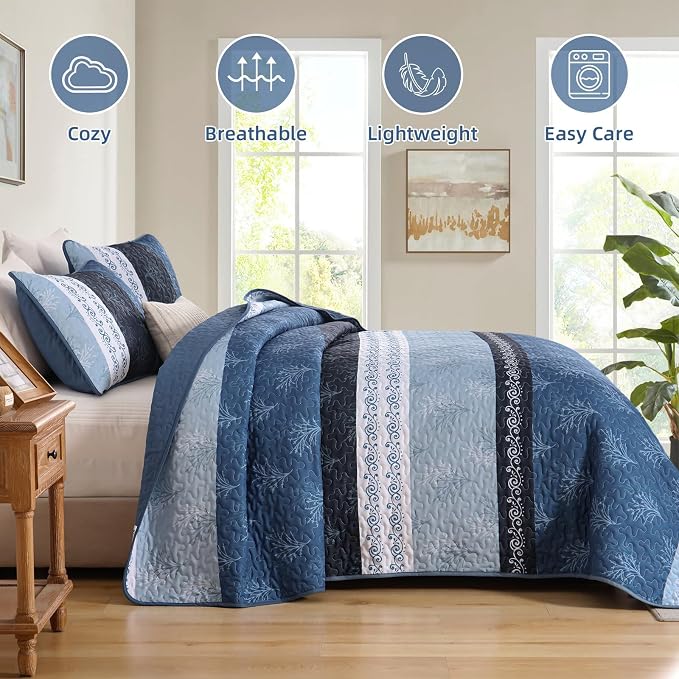 DJY Stripe Quilt Set King Size Blue Bedspread Coverlet Set 3 Pieces Boho Branch - Image 4