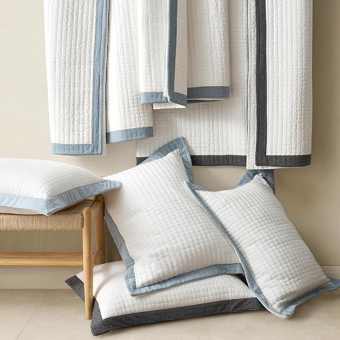 EVERGRACE Cotton Border Frame Tack-Stitch Quilt Bedding Set King Size, Coastal - Image 7