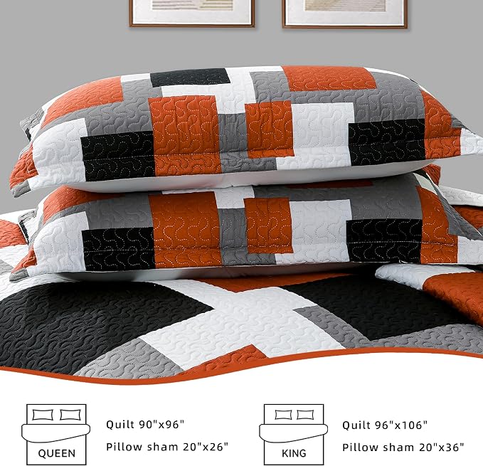 Tyrot 3 Piece Orange Grey Quilt Set King Size Black White Gray Geometric - Image 7