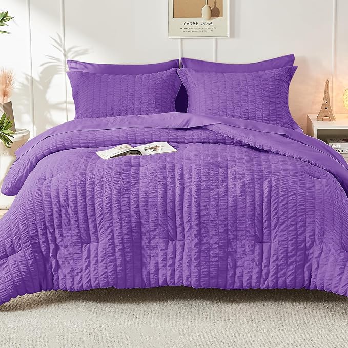 HYMOKEGE Bright Purple Twin Comforter Set Seersucker 5 Pieces, All Season - Image 9