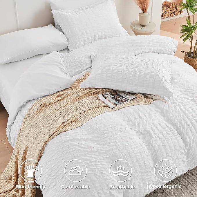 HYMOKEGE White California King Comforter Set Seersucker 7 Pieces, All Season - Image 3