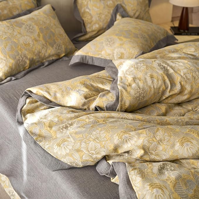 mixinni Duvet Cover King, Premium Cotton Double-Layer Yarn Golden Floral - Image 3