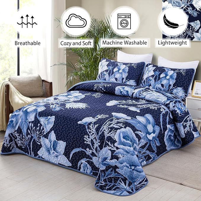 Floral Quilt Set Queen 3 Pieces Navy Blue Floral Quilt Coverlet Set Soft - Image 2