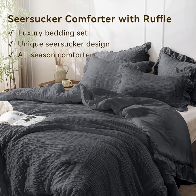 JOLLYVOGUE Dark Gray Queen Comforter Set, 3 Pieces Seersucker Bedding Comforter - Image 4