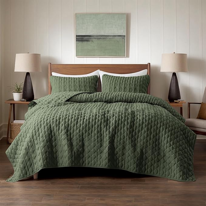 WDCOZY Olive Green Quilt King Size Bedding Set - Image 2