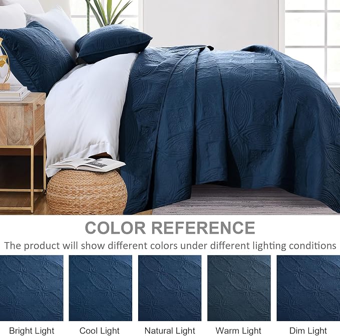 Yiran Navy Blue Quilt Set Queen Size Lightweight Bedspread Embossed Pattern - Image 4