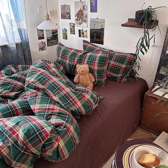 mixinni Vintage Green Buffalo Plaid Washed Cotton Duvet Cover Queen - Image 8