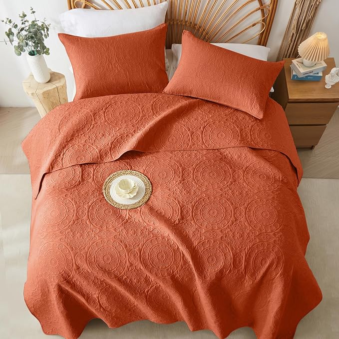 WURUIBO Burnt Orange Quilt Set King/Cal King Size, Embossing Microfiber - Image 8
