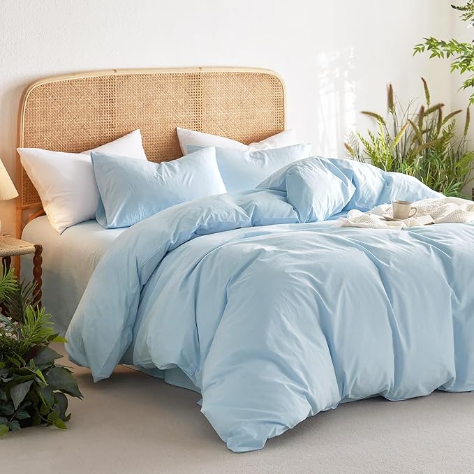Wake In Cloud - Cotton Duvet Cover Set, Queen Size, Sky Blue, 100% Washed Cotton - Image 4