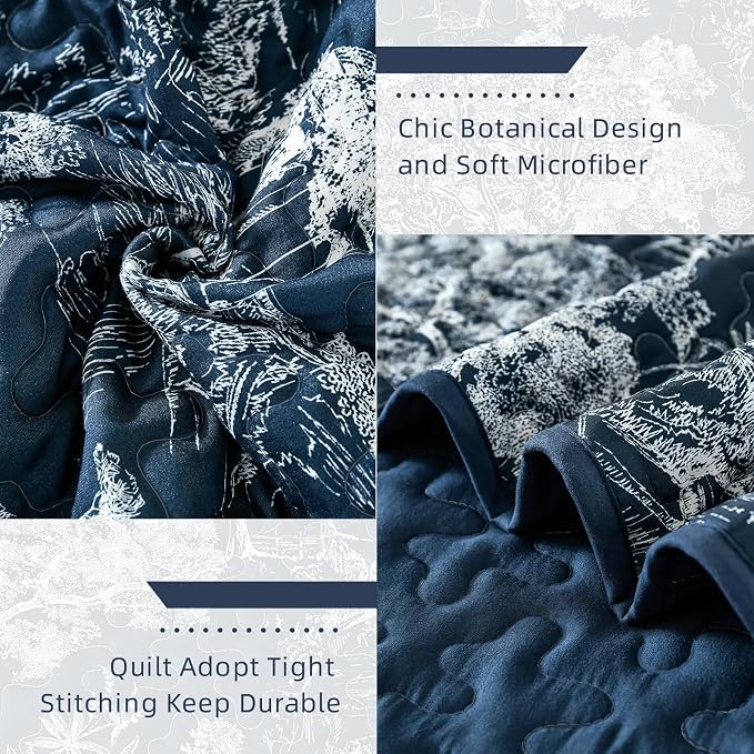 WONGS BEDDING Quilt Set King Size, 3 Pieces Navy Blue Botanical Floral Printed - Image 4