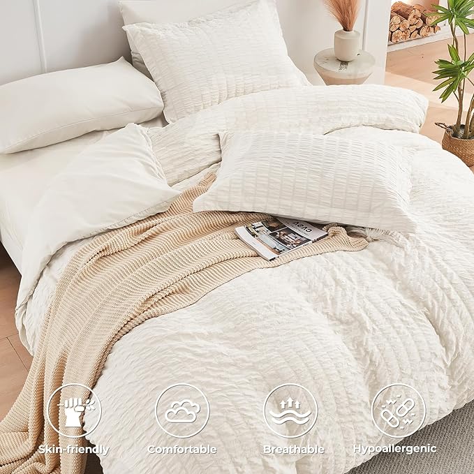 HYMOKEGE Ivory Oversized Queen Comforter Set Seersucker 7 Pieces, All Season - Image 3