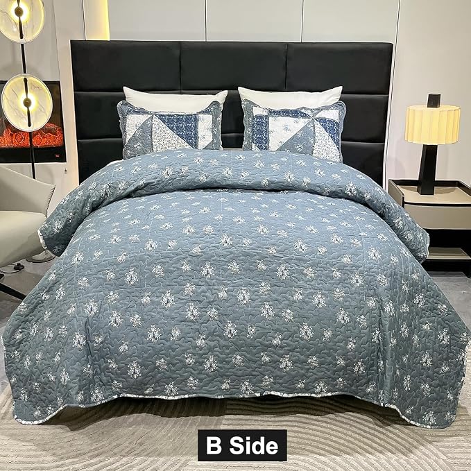 Oversized King Size Grey Floral Plaid Patchwork Quilt Set 128x120 Extra Wide - Image 5