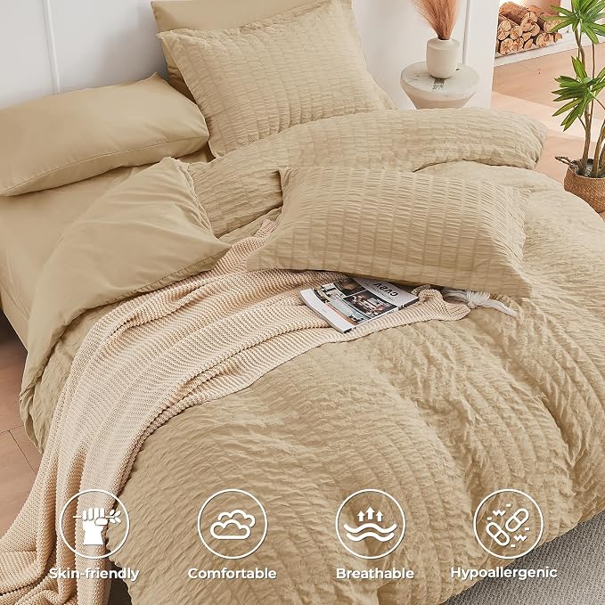 HYMOKEGE Khaki Twin Comforter Set Seersucker 5 Pieces, All Season Luxury Bed in - Image 3