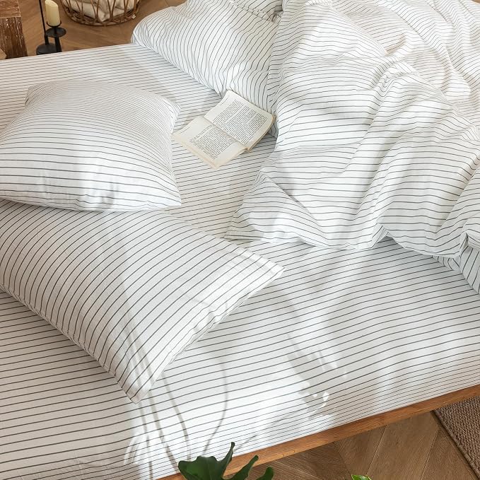 MooMee Striped Duvet Cover Set 100% Washed Cotton Linen Like Textured - Image 8